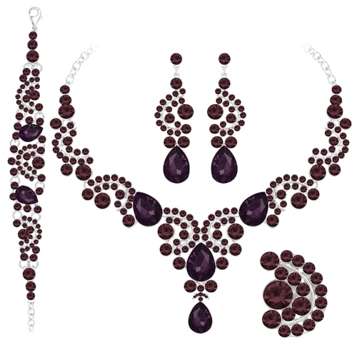 Paxuan Crystal Bridal Wedding Jewelry Sets for Women Rhinestone Teardrop Crystal Statement Choker Necklace Drop Earrings Link Bracelets Rings Teardrop Jewelry Set for Brides Bridesmaids - color: Necklace+Earrings+Bracelet+Ring（Dark Purple）