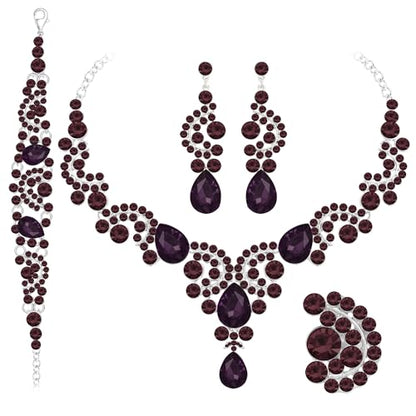 Paxuan Crystal Bridal Wedding Jewelry Sets for Women Rhinestone Teardrop Crystal Statement Choker Necklace Drop Earrings Link Bracelets Rings Teardrop Jewelry Set for Brides Bridesmaids - color: Necklace+Earrings+Bracelet+Ring（Dark Purple）