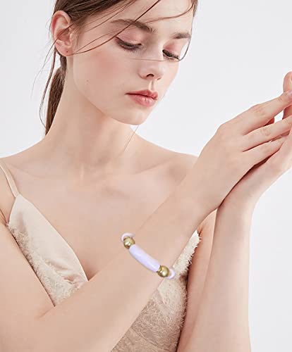LALAPPLE Gold Plated Beaded Acrylic Bamboo Tube Bangle Bracelets for Women, Colorful Chunky Curved Tube With Gold Plated Pieces Beads Stretch Bracelet Friendship Summer Beach Jewelry - color: L-Pink
