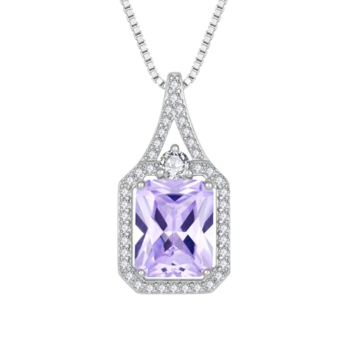 Created Gemstone Necklace 925 Sterling Silver Halo Rectangular Pendant Birthstone Necklaces Jewelry Gifts for Women - color: 06 June - Alexandrite