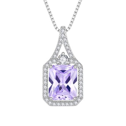 Created Gemstone Necklace 925 Sterling Silver Halo Rectangular Pendant Birthstone Necklaces Jewelry Gifts for Women - color: 06 June - Alexandrite