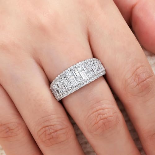 Wuziwen Wide Wedding Bands for Women Round and Baguette Eternity Ring | Premium 5A Cubic Zirconia Emerald Cut Vintage Wide Half Eternity Rings for Her Stackable Bridal Engagement Anniversary Bands