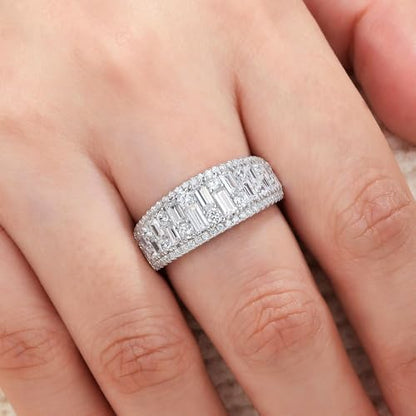 Wuziwen Wide Wedding Bands for Women Round and Baguette Eternity Ring | Premium 5A Cubic Zirconia Emerald Cut Vintage Wide Half Eternity Rings for Her Stackable Bridal Engagement Anniversary Bands