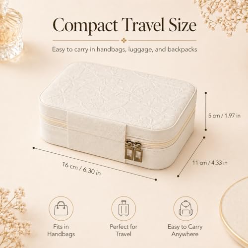 Travel Jewelry Case, Jewelry Box with Floral Embossed, PU Leather Travel Jewelry Organizer with Zipper, Velvet Lined Ring Earring Necklace Case for Travel, 6.3 x 4.7 x 2.4 in - color: White-2