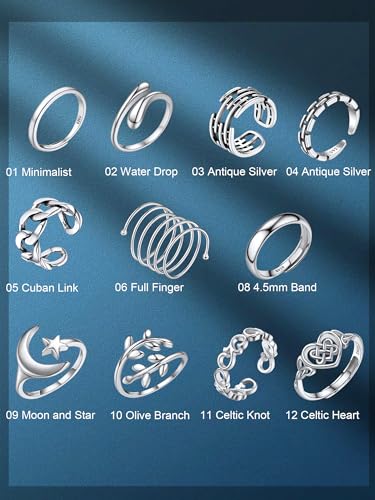 PROSILVER 925 Sterling Silver Adjustable Open Ring for Women, Solid Sterling Silver Stackable Ring, knuckle Finger Ring, Pinky Ring, Come with Box - style: 01 Full Finger Ring