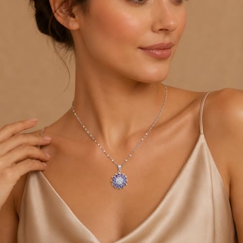 Sunflower Fidget Necklace for Women Gold Moon Necklace Rotating Heart Necklaces Spinning Crystal Flower Anxiety Necklaces Crescent Moons Jewelry Accessories - color: Silver Purple