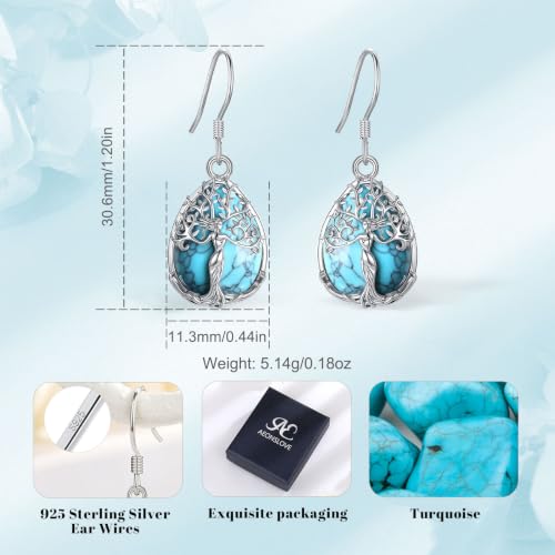 AEONSLOVE Tree of Life Crystal Earrings with Sterling Silver Ear Hooks, Dangle Drop Tree Earrings Gifts for Women - style: A01-Turquoise-Teardrop
