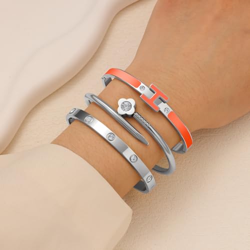 3Pcs Gold Bracelets for Women 14K Gold Plated Love/H/Nail Bangle Bracelet Dainty Non Tarnish Bracelet Jewelry Christmas Mothers Day Gifts for Women - color: 3Pcs Silver/Orange H bracelet