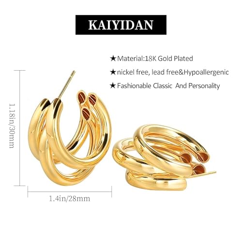2 Pairs Gold/Silver Hoop Earrings For Women Set Trendy,14K Plated Gold Chunky Huggie Hoop Earings Pack,Oval Twisted Statement Silver Hoops,Fashion Jewelry Gift - color: 10) triple hoop