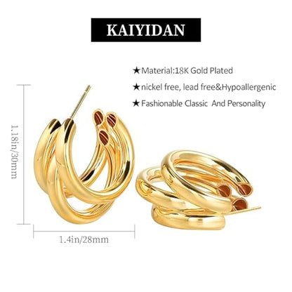 2 Pairs Gold/Silver Hoop Earrings For Women Set Trendy,14K Plated Gold Chunky Huggie Hoop Earings Pack,Oval Twisted Statement Silver Hoops,Fashion Jewelry Gift - color: 10) triple hoop