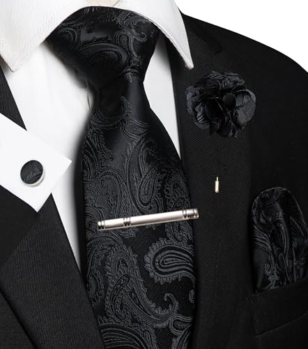 JEMYGINS Mens Paisley Tie and Pocket Square,Lapel Pin,Cufflinks,Tie Clip Sets with Gift Box 5PCS - color: Black