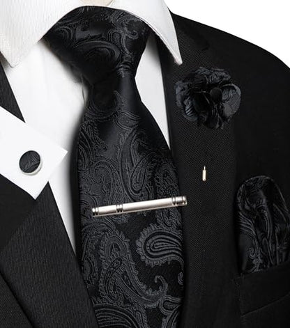 JEMYGINS Mens Paisley Tie and Pocket Square,Lapel Pin,Cufflinks,Tie Clip Sets with Gift Box 5PCS - color: Black