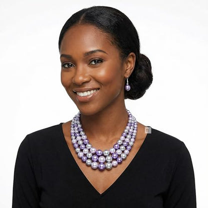 Simulated Pearl Necklace & Earring Set, Multi Strand - color: Lavender Mix