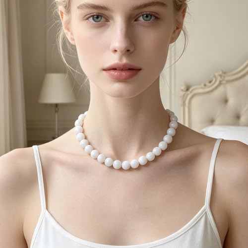 Chunky Beaded Necklace for Women 16mm Round Bead Resin Modern Statement Necklace Jewelry Accessories - color: white