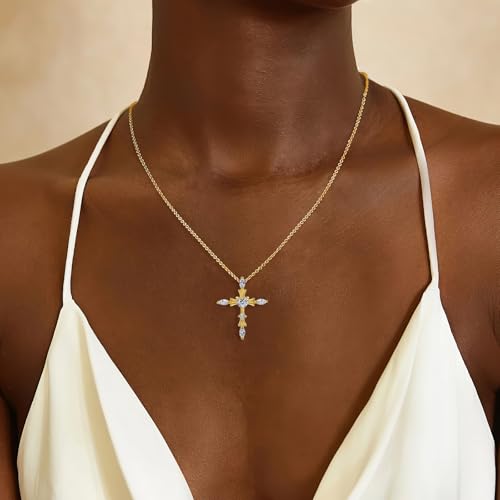 14K Gold Plated | 14K Platinum Plated Necklace for Women Necklace Earrings Set with Sparkling Zircon Inlay and Silver Post Earrings - color: Cross set Gold