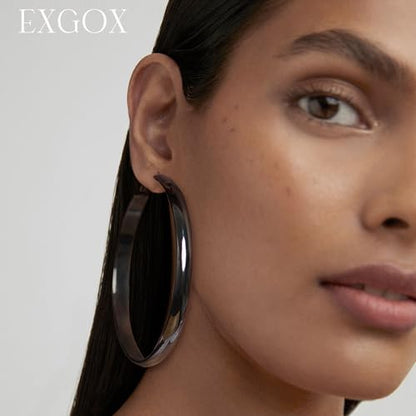 EXGOX 5mm Wide Gold Hoop Earrings for Women,Sterling Silver Hoop Earrings Large Silver Hoop Earrings Hypoallergenic Lightweight 14K Real Gold Plated Big Hoop Earrings for Women 30/40/50/60/70mm - color: Black Hoop-70mm