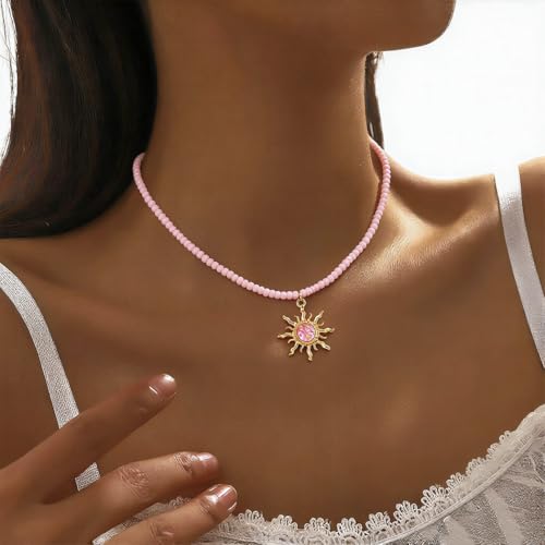 Tgirls Boho Beaded Choker Necklace Opal Bead Necklace Sun Pendant Summer Jewelry for Women - color: Pink