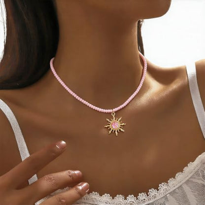 Tgirls Boho Beaded Choker Necklace Opal Bead Necklace Sun Pendant Summer Jewelry for Women - color: Pink