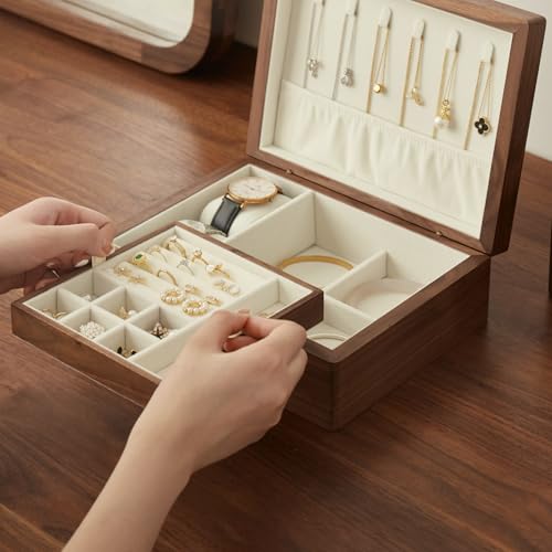 Black Walnut Wood Jewelry Box, No Lock | Velvet Lining, Personalized Ring and Necklace Box, For Women and Girls, Brass Handle - style: Vintage