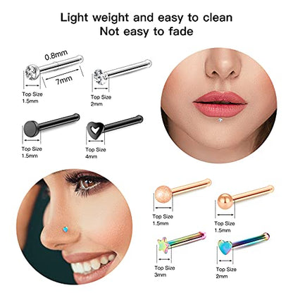 35-70 PCS 18G 20G Nose Rings for Women & Men - Gold Hoops, L Shape, Studs & Screw - 316L Surgical Stainless Steel - color: Color D-40pcs
