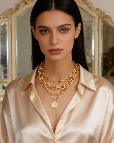 Gold Layered Necklaces for Women Chunky Layered Gold Link Chain Necklaces Trendy Paperclip Herringbone Toggle Clasp Necklace Statement Jewelry Accessories for Her - color: A6:chunky gold necklace