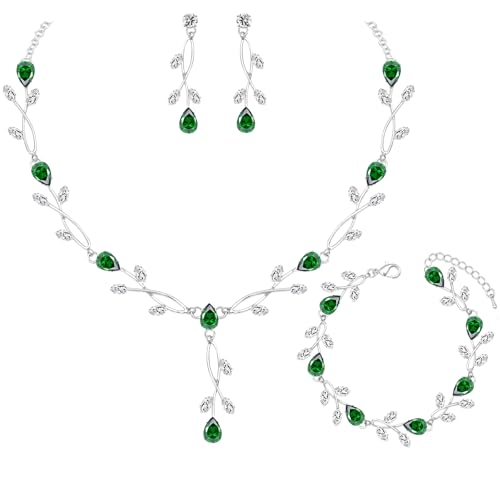 CSY Elegant Bridal Jewelry Sets Clear Cubic Zirconia Wedding Necklace Earrings Bracelet Set for Birdes Bridesmaids CZ Prom Jewelry - color: Green-Necklace Earrings Bracelet