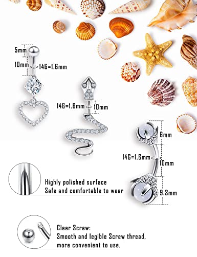 Prjndjw Belly Button Dangle 14G Surgical Steel Rings Pregnancy Snakes Glow CZ Heart Silver 11pcs Piercing Kit - color: Silver White Belly button ring