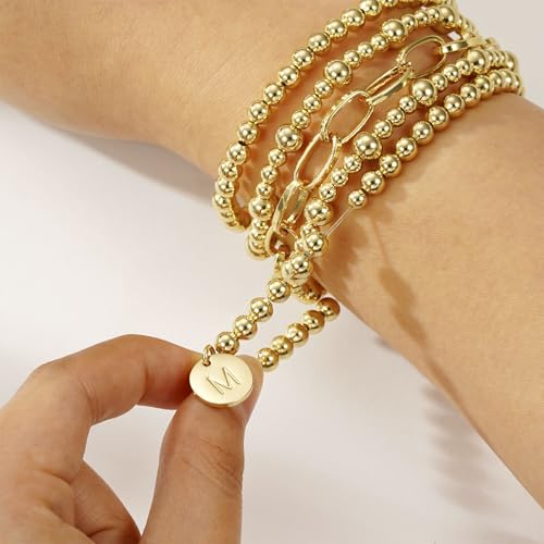 Beaded Bracelets for Women, 18K Gold Plated Initial A-Z Stretch Bead Ball Stackable Bracelet with Letter Jewelry Set Gifts - size: Gold-O