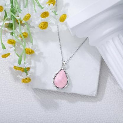 VONALA Sterling Silver Necklace Moss Agate/Turquoise/Larimar/Aquamarine/Opal/Black Onyx/Rose Quartz/Moonstone Pendant Teardrop Necklace Jewelry Gift for Women - style: Rose Quartz