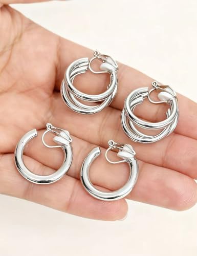 12 Pairs Clip on Hoop Earrings for Women 14K Gold Plated Chunky Clip on Earrings CZ Tube Twist Croissant Bamboo Round Geometric No Piercing Ear Clips Set Trendy Fake Earrings Jewelry - color: Silver