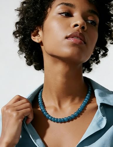 Beaded Necklace for Women,Natural Gemstone Necklace for Women,Colorful Bead Choker Necklace Handmade Surfer Beach Necklace Trendy Jewelry Gift for Women - style: Blue Chalcedony