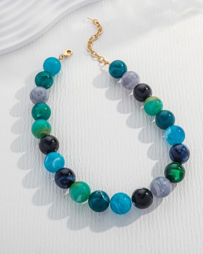 Chunky Beaded Choker Necklace for Women Boho Statement Necklace with Large Pearl Blue Brown Tone Resin Beads Summer Beach Jewelry Gifts - color: Blue-A