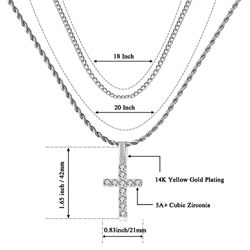 GEMOSA Cross Necklace for Men, Cuban Link Layered Rope Chain Silver/Gold/Black - color: Silver, size: 18/20 inch