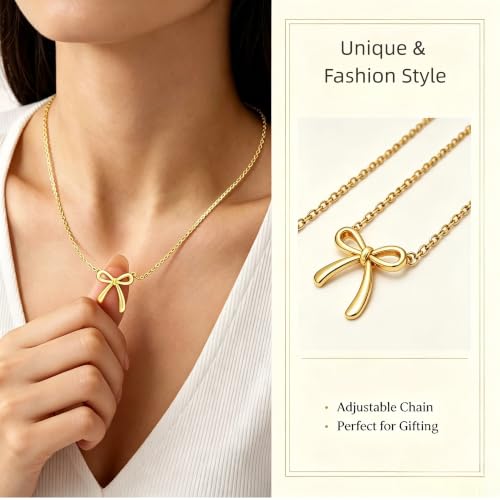 Birthday Gifts for Women, Bow Pendant Necklace, 14K Gold Plated Jewelry, Romantic Valentine's Mother's Day Anniversary Christmas Jewelry Gift for Her Mom Grandma Wife Girlfriend Sister Best Friend