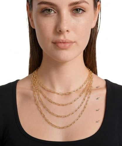 Paperclip Chain Necklace for Women | Sterling Silver or 14K Gold Plated | 2.8mm 3.2mm 5.5mm | 16–30 Inch Italian Link Layering Chain - color: Gold Plated - 3.2mm