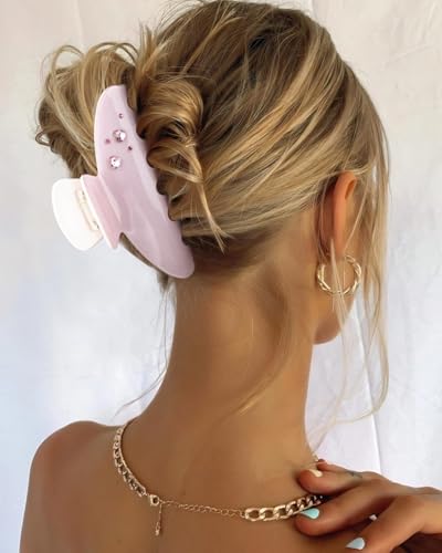 MAORULU Cute Claw Clip for Women – 4.3'' Large Acetate Hair Clips for Thick Thin Curly Long Hair, Durable Hair Clamps Non-slip Jaw Clip, Strong Hold, Stylish French Design (Pink Rhinestone Clips) - color: Pink Rhinestone Clips