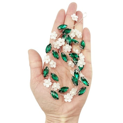 Bridal Crystal Flower Headband Wedding Rhinestone Pearl Floral Hair Vine Headpiece Accessories for Women Girls (Green Crystal Silver Vine) - color: Green Crystal Silver Vine