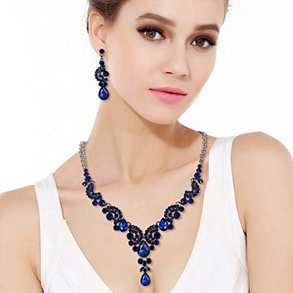 EVER FAITH Rhinestone Crystal Bridal Floral Wave Teardrop Necklace Earrings Set - color: 2pcs_Blue Black-Tone