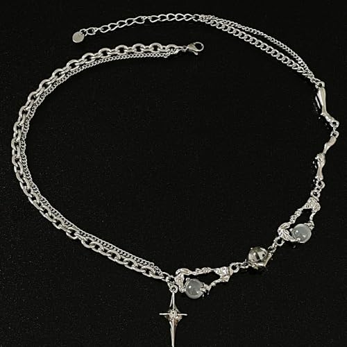 Gothic Cross Star Necklace For Men Women Silver Stainless Steel Cuban Link Paperclip Figaro Bead Chain Punk Kpop Y2k Goth Irregular Layered Cross Pendant Necklace Non Tarnish Jewelry Gift - color: Silver M