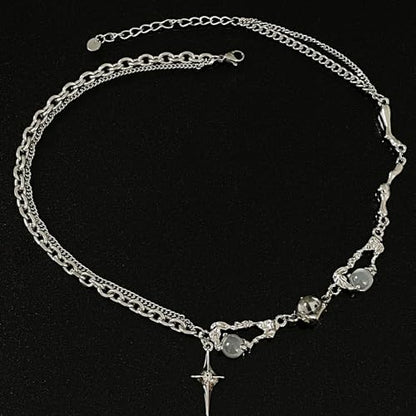 Gothic Cross Star Necklace For Men Women Silver Stainless Steel Cuban Link Paperclip Figaro Bead Chain Punk Kpop Y2k Goth Irregular Layered Cross Pendant Necklace Non Tarnish Jewelry Gift - color: Silver M