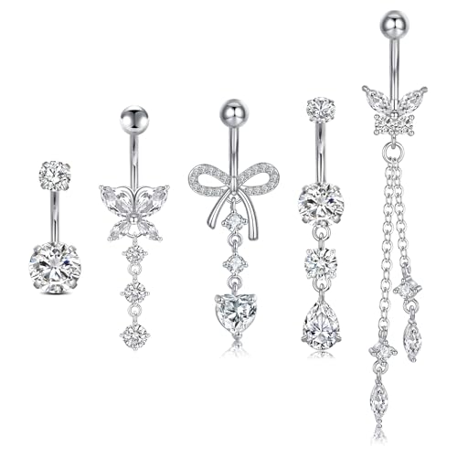 14G Stainless Steel Belly Button Rins, Heart Dangle CZ Pearl Belly Piercings, Cute Navel Barbell Piercing Jewelry For Women - color: Silver