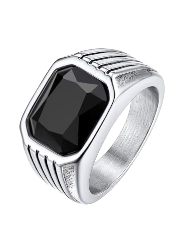 Bestyle Chunky Signet Ring for Men, Stainless Steel/Black Ring Synthetic Gemstone Band Ring Biker Ring for Men, Thumb Pinky Ring Mens Fashion Ring Jewelry Size 7-14, Gift Package - color: 1.black onyx-silver
