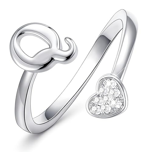 Lunvky Birthday Gifts Silver Initial Rings for Women Teen Girl Kids Trendy Stuff Dainty 14K Gold Plated Adjustable Heart Letter Thumb Rings Pinky Cute Jewelry Personalized Gift - color: Silver, size: Initial-Q