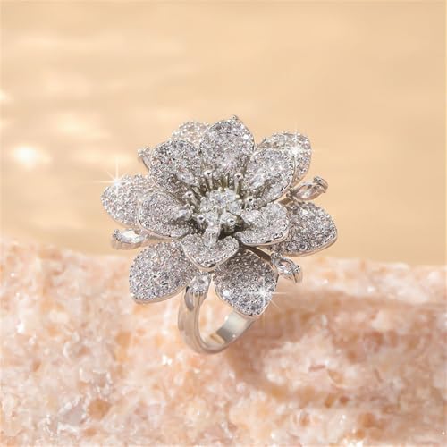 Kokoma Double Layered Rhinestone Flower Ring for Women Cubic Zirconia Geometry Sunflower Wrap Finger Band Adjustable Open Bands Rings Engagement Jewelry - color: Silver