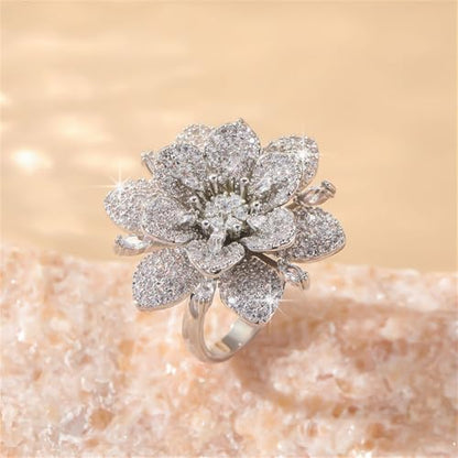 Kokoma Double Layered Rhinestone Flower Ring for Women Cubic Zirconia Geometry Sunflower Wrap Finger Band Adjustable Open Bands Rings Engagement Jewelry - color: Silver
