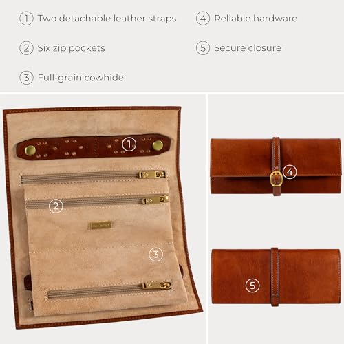 Time Resistance Leather Jewelry Roll - Full Grain Leather Travel Jewelry Case - Jewellery Organizer Made in Italy (Cognac Brown) - color: Cognac
