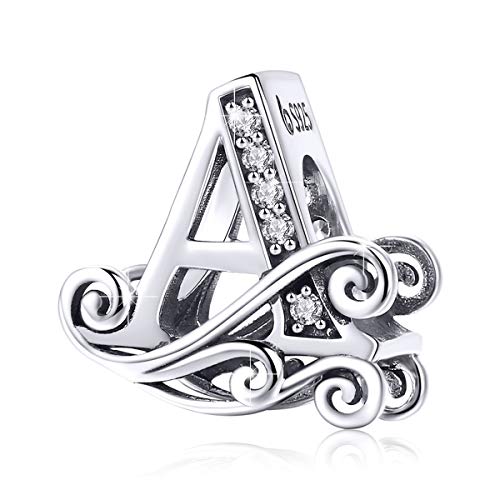 BISAER 925 Sterling Silver Initial Letter A-Z Charms for Bracelets Alphabet Beads Charm Jewelry Gifts - color: Letter A