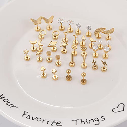 MJust 18 Pairs Earrings Set – Flat Back Stud Hypoallergenic 20G Steel stud | 18 Pairs Flat Back Earrings Set – Hypoallergenic 316L Steel Studs for Cartilage & Lobe Piercings - color: Golden