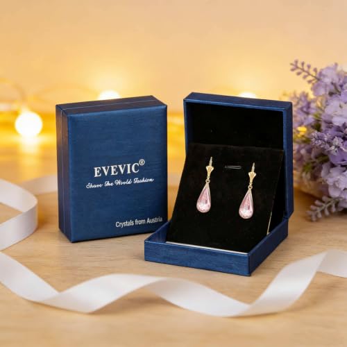 EVEVIC Teardrop Austrian Crystal Leverback Dangle Drop Earrings for Women | 14K Gold Plated,Classic Teardrop Elegance,Leverback for Easy Secure Wear,Gift Box Included, Brighten Up Daily and Party Looks - color: Pink