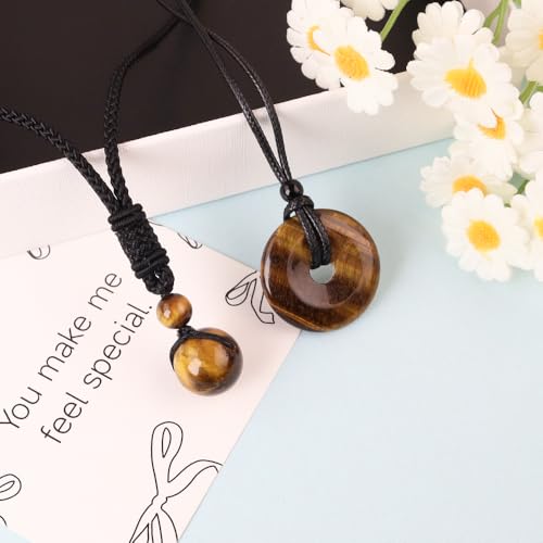 2pcs Natural Crystal Stone Lucky Coin Crystal Necklace Donut Pendnat, 16mm Stone Bead Pendant for Women and Men Necklace - color: Tiger's Eye
